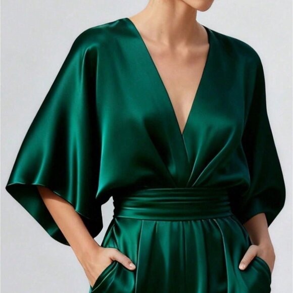 Green Satin Women's V-Neck Batwing Sleeve Wide-Leg Jumpsuit - Picture 3 of 3
